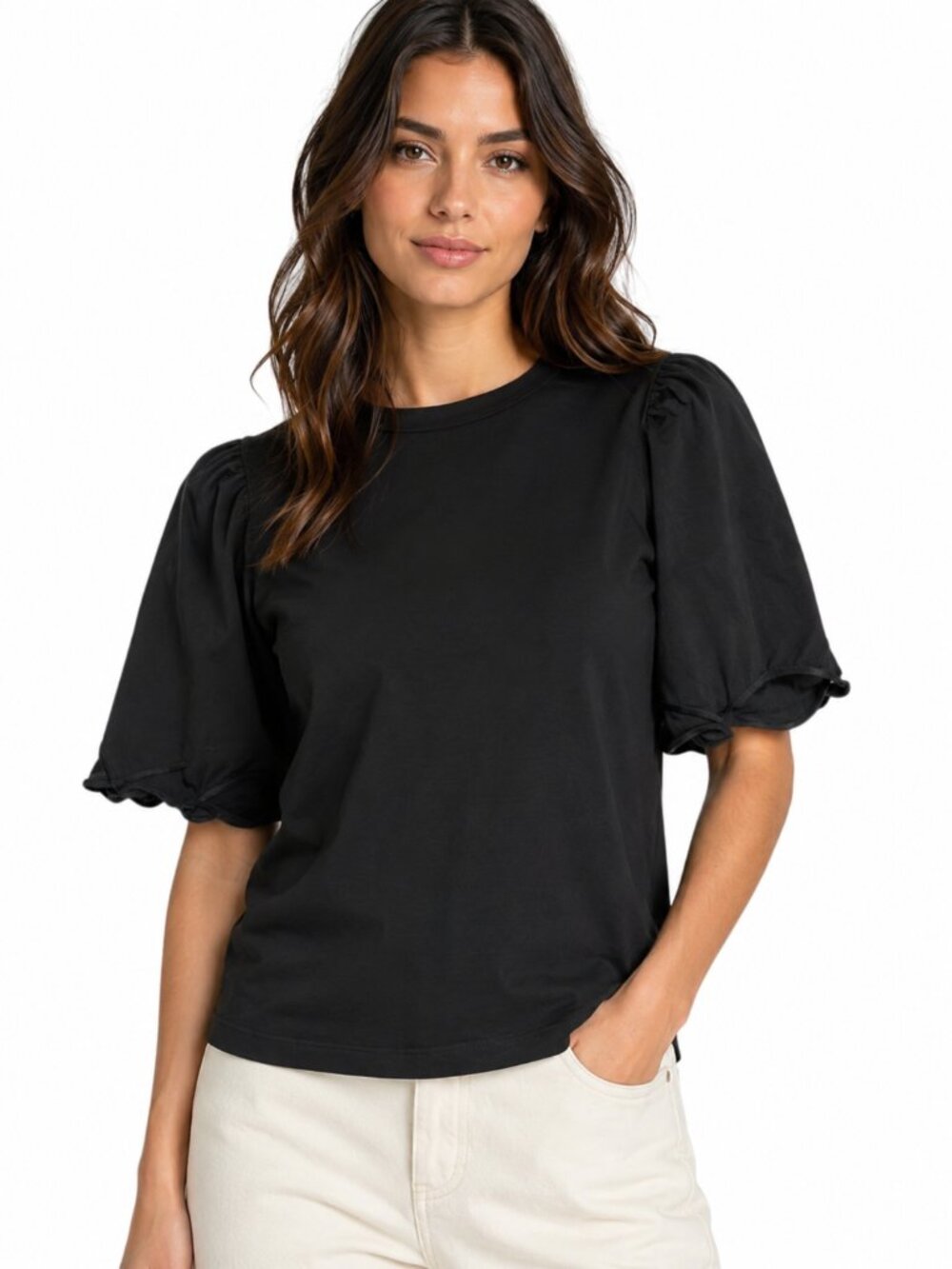 See by Chloe Black Short Sleeve Top Scalloped Poplin Sleeve 100% Cotton Size S